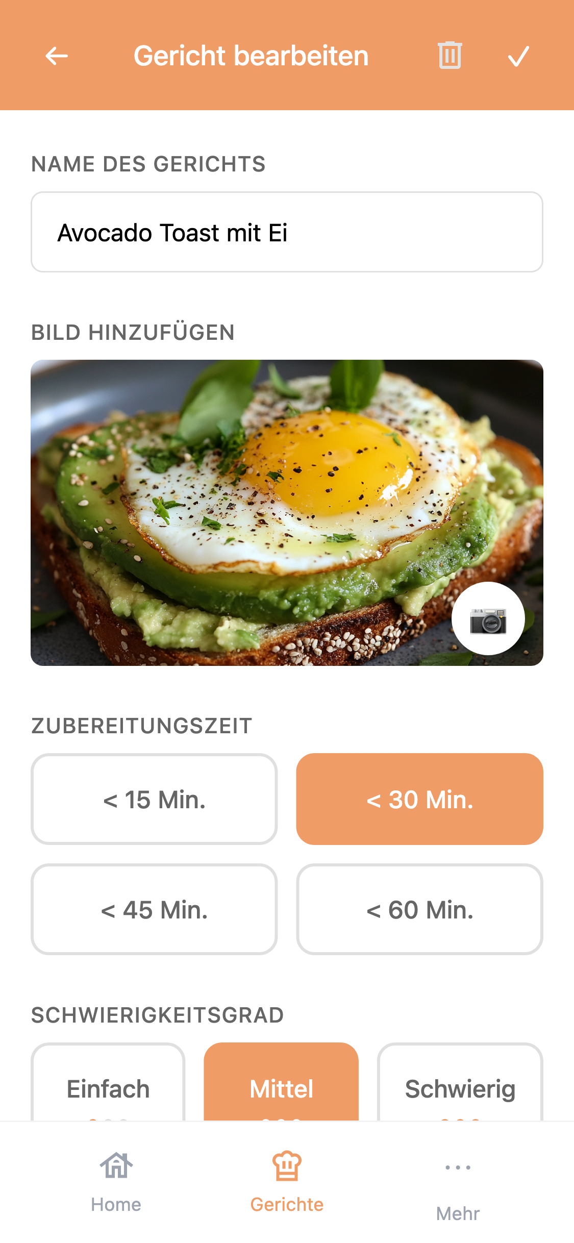 Cibella App: Eigenes Gericht bearbeiten mit Foto und Details