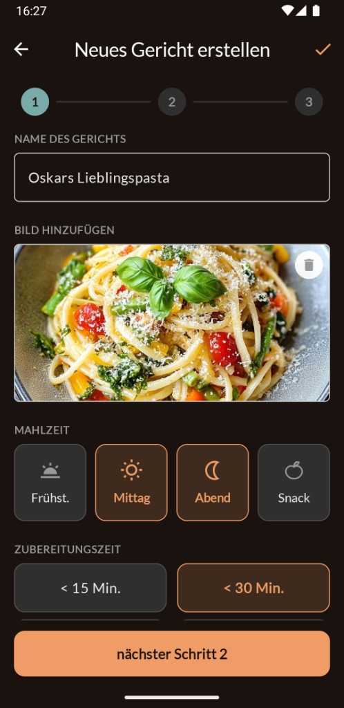 Cibella App: Neues Gericht erstellen mit Foto, Mahlzeit und Zubereitungszeit